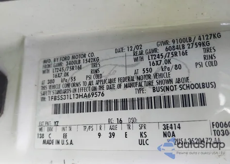 2003 Ford E-350 Super Duty Xl/Xlt from USA, damaged, VIN 1FBSS31L13HA69576